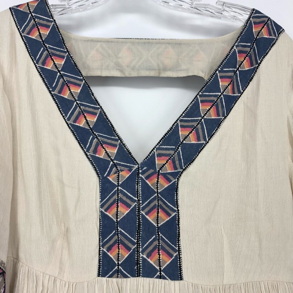 Free People Cream & Blue Patterned Dress V Neck Front Medium - Picture 2 of 7